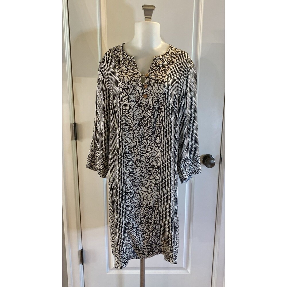 Soft Surroundings Size L Black White Mixed Print Shirt‎ Dress Tunic Artsy Boho